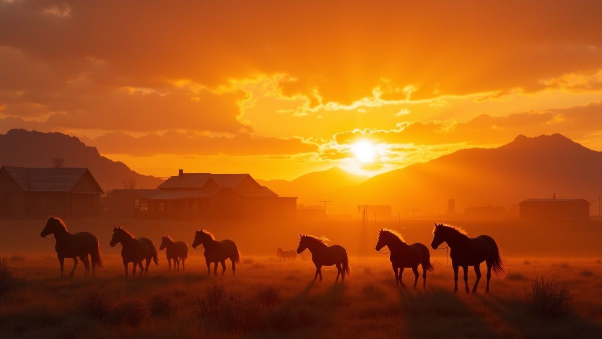 Zonsondergang van het Westen met een dorp en gouden mustangs.