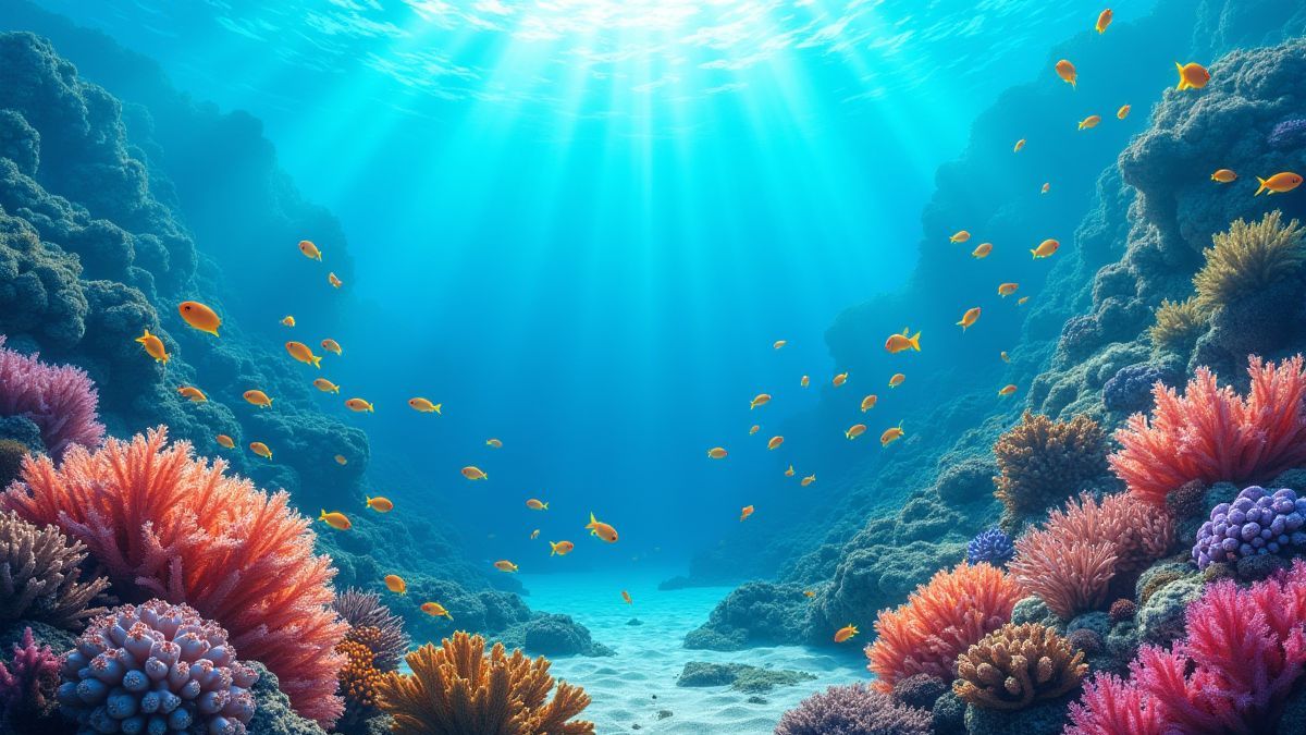 Unterwasserszene mit bunten Korallenriffen und tropischen Fischen.