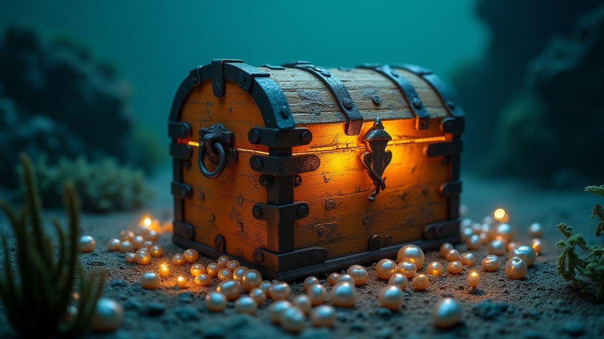 Eine Unterwasser-Schatztruhe umgeben von Perlen und Algen.