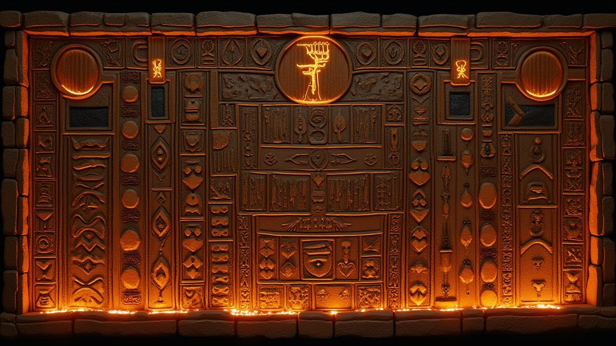 Illuminated Egyptian hieroglyph wall.