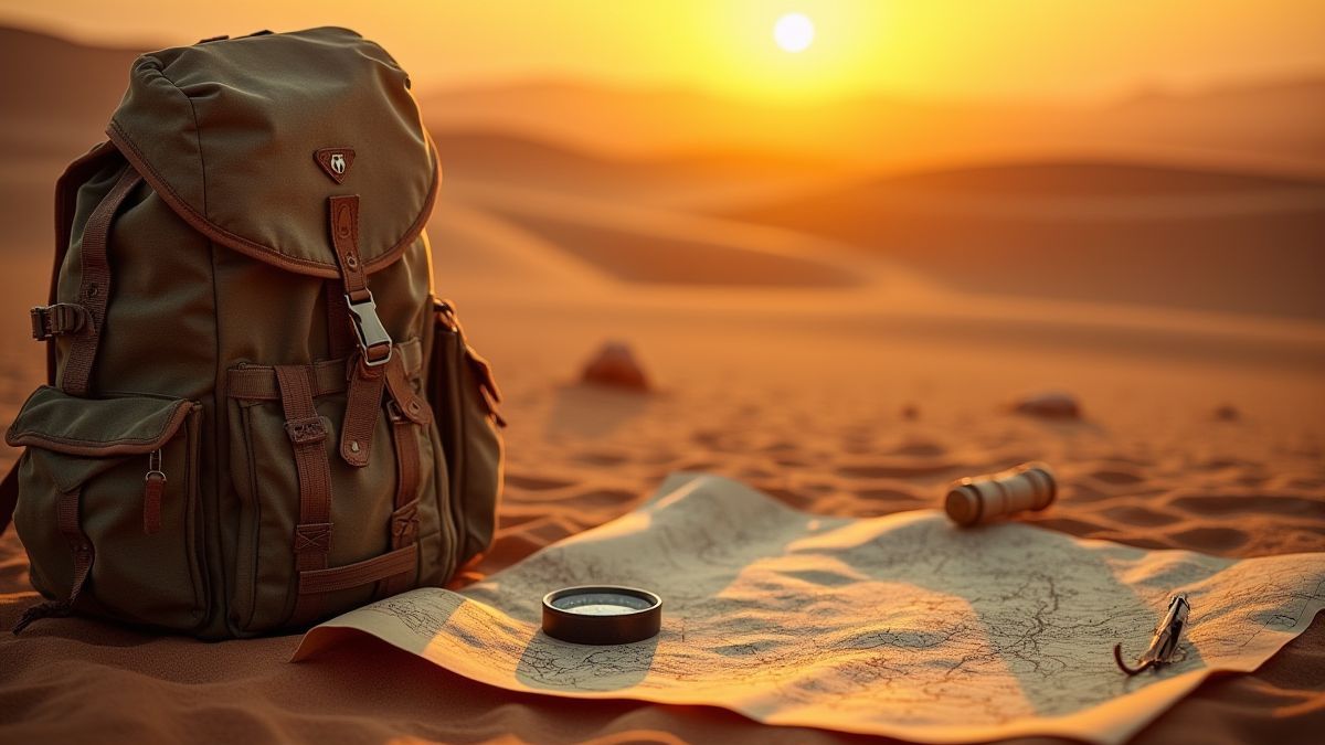 Explorer gear with map and compass.