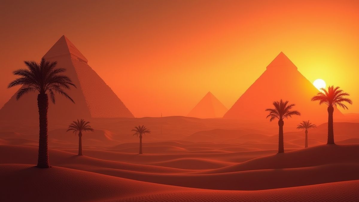 Egyptian desert at sunset with pyramids.