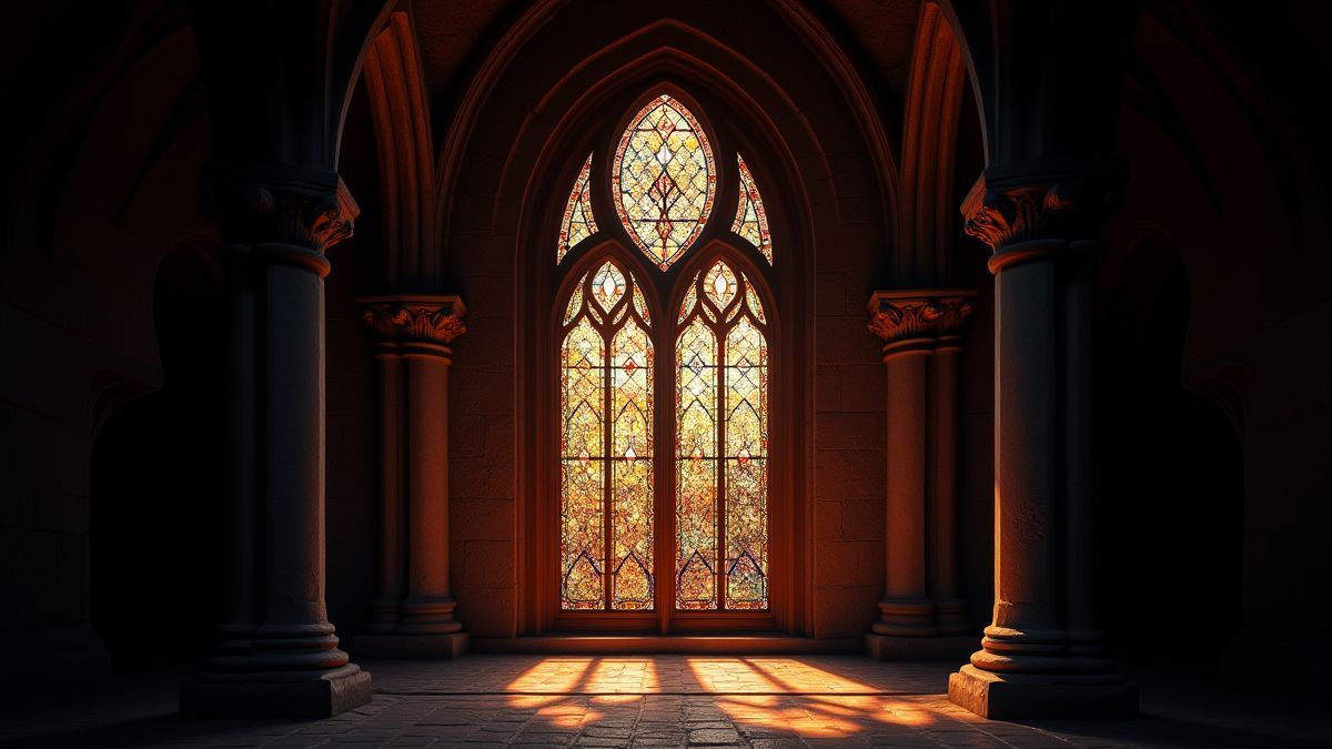 Middeleeuws glas-in-loodraam verlicht in een donkere kamer.