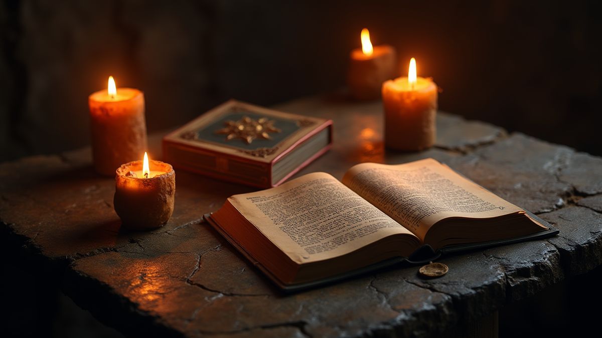 Glanzende runen en oude boeken op een stenen tafel verlicht door kaarsen.