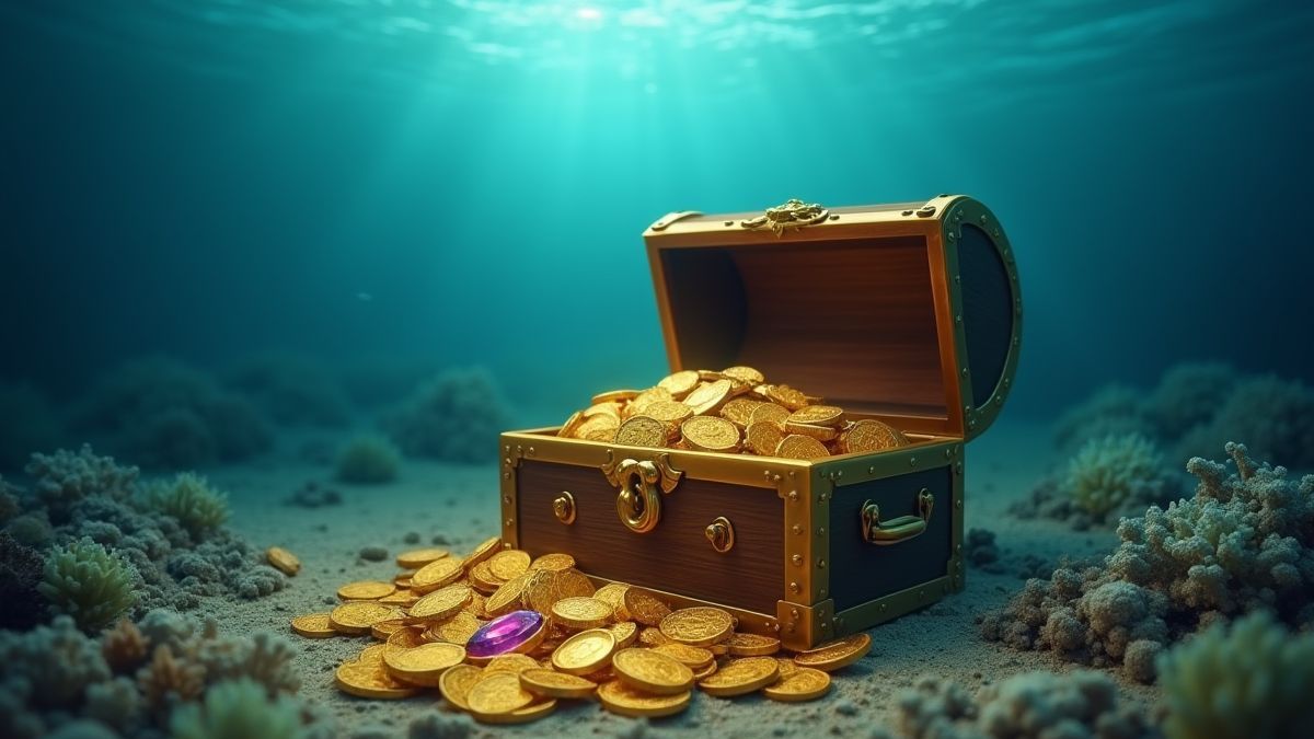 Un cofre del tesoro abriéndose bajo el agua con monedas de oro y joyas