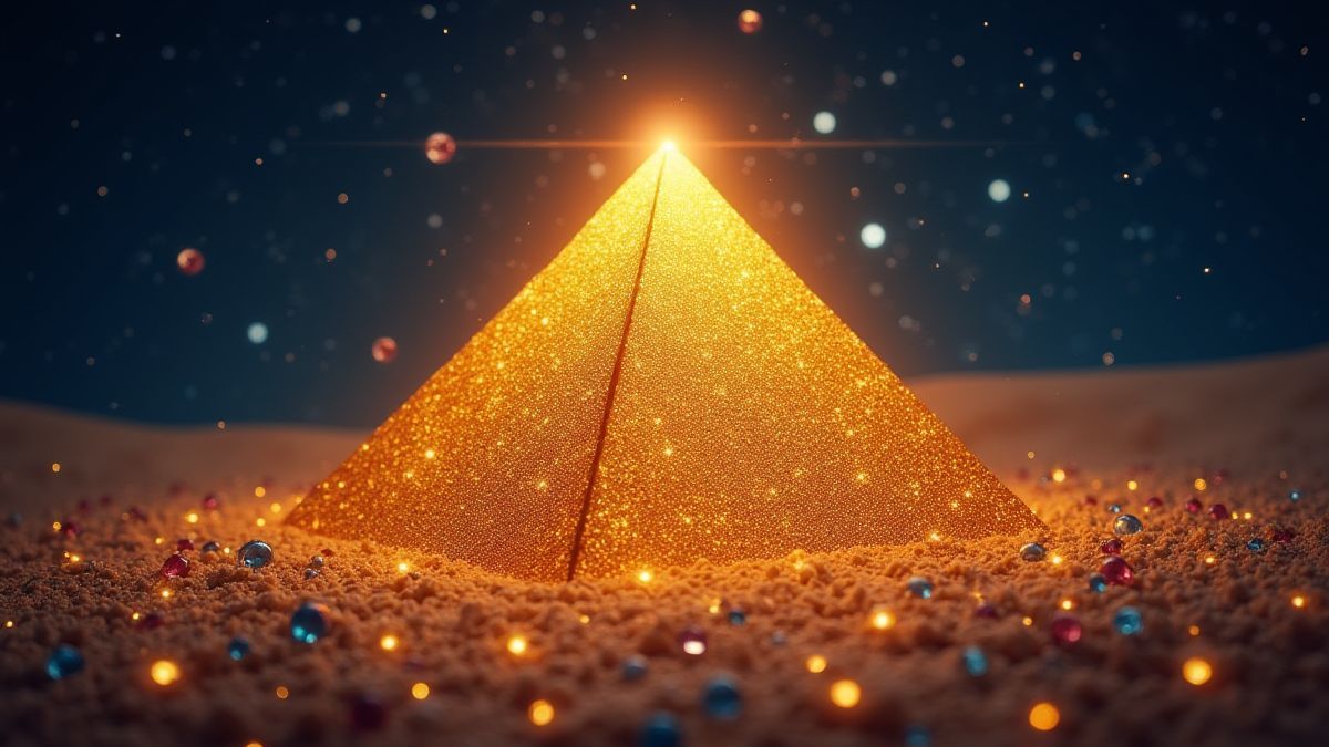 Pirámide dorada brillante rodeada de joyas bajo un cielo estrellado