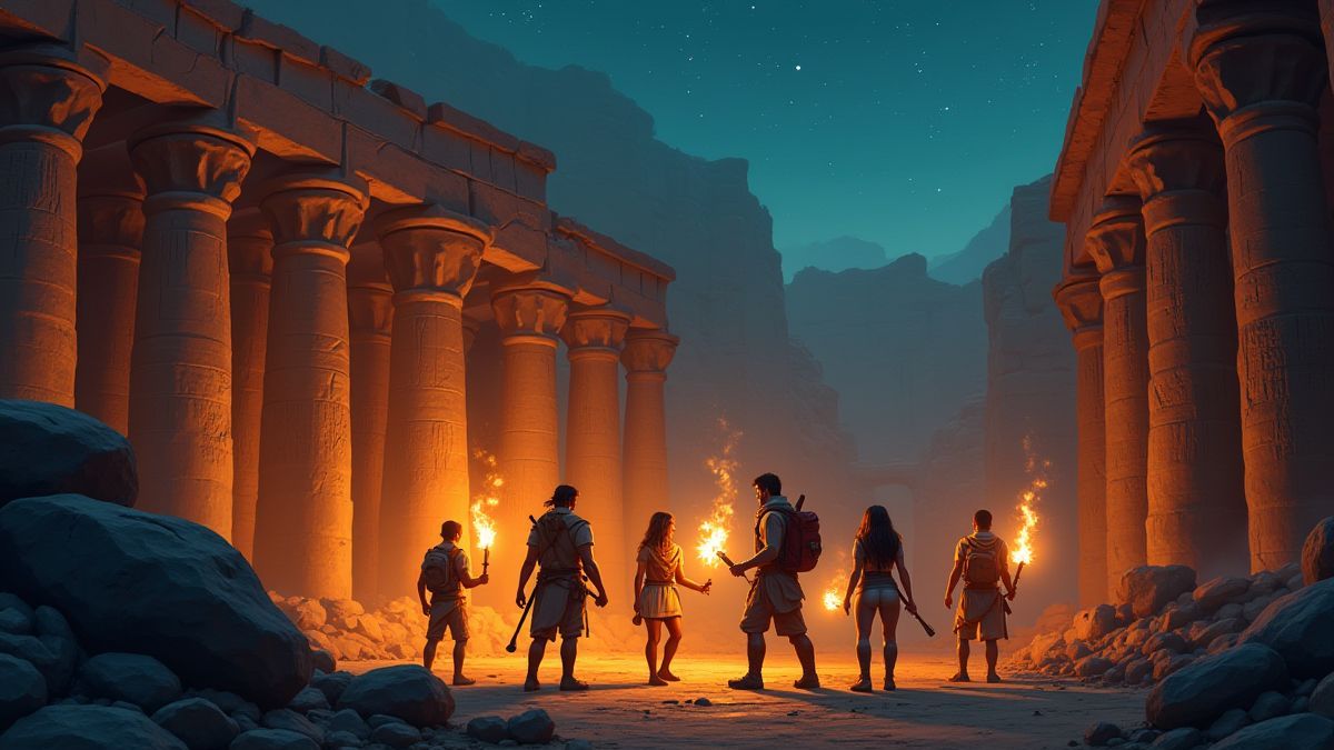 Grupo de aventureros explorando ruinas egipcias con antorchas