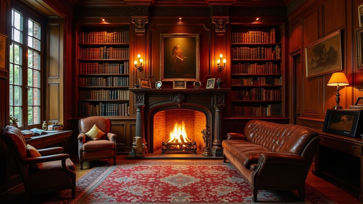 Victoriaanse bibliotheek met open haard en antiek meubilair
