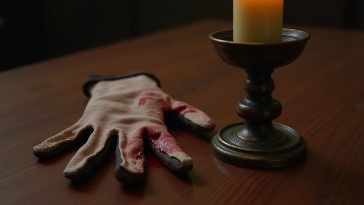 Bloedige handschoen en candelaar op een houten tafel