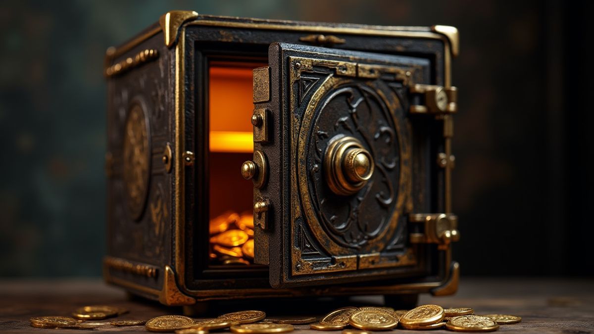 Antieke kluis met gouden details en een open deur die gouden munten onthult