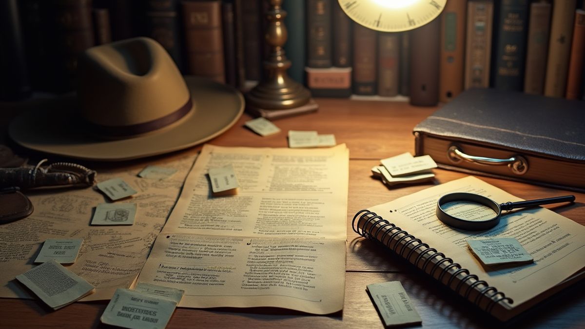 Mesa de detetive com pistas, lupa e caderno.