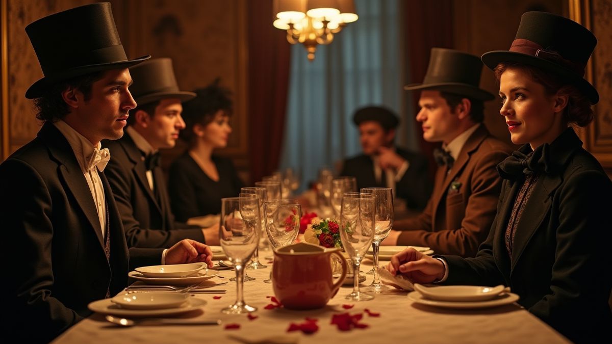 Jantar de mistério estilo vitoriano com personagens vestidos de época.