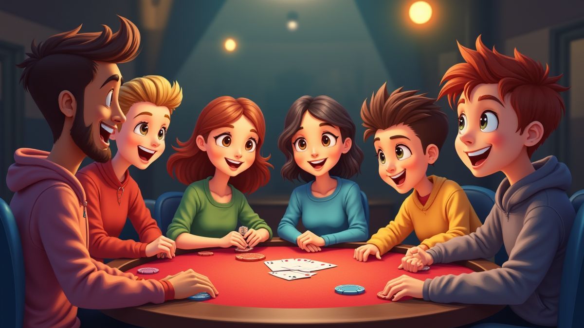 Diverse groep speelt poker aan een tafel met een vrolijke sfeer.
