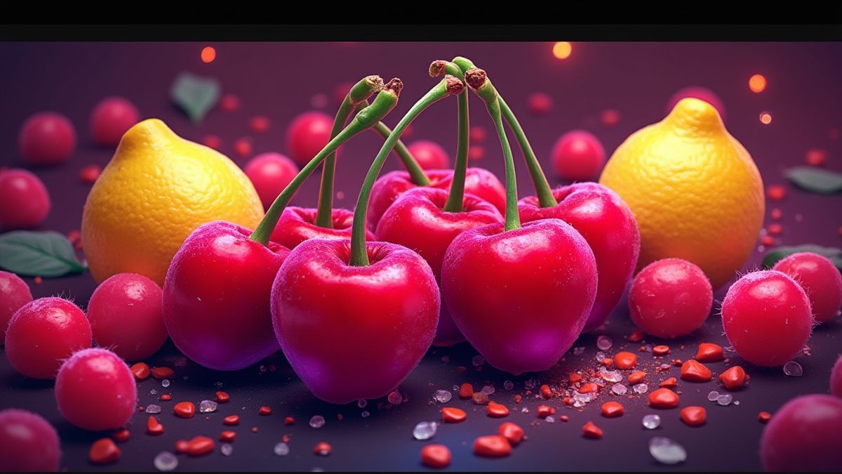 Bright cherries and lemons in a vibrant design.