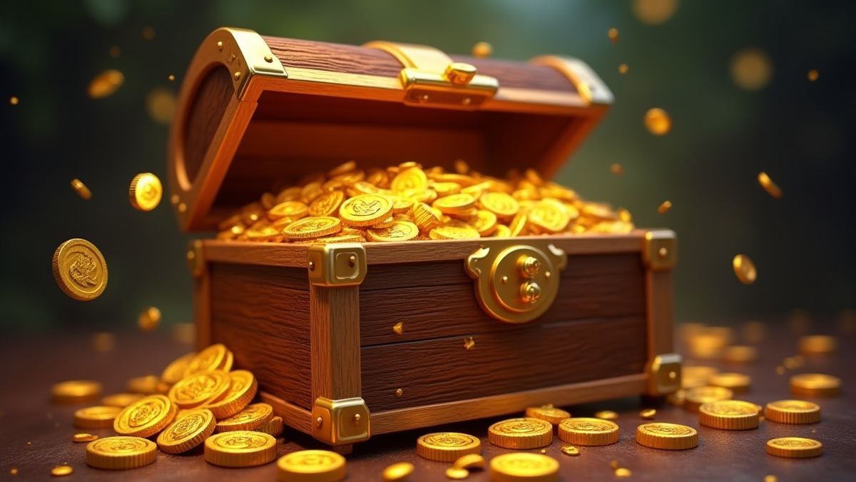 A treasure chest full of coins and fruit symbols.