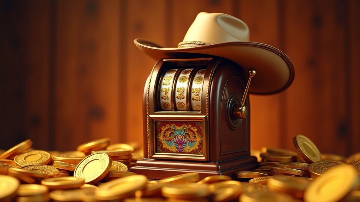 Una máquina tragamonedas rodeada de monedas de oro y un sombrero vaquero.