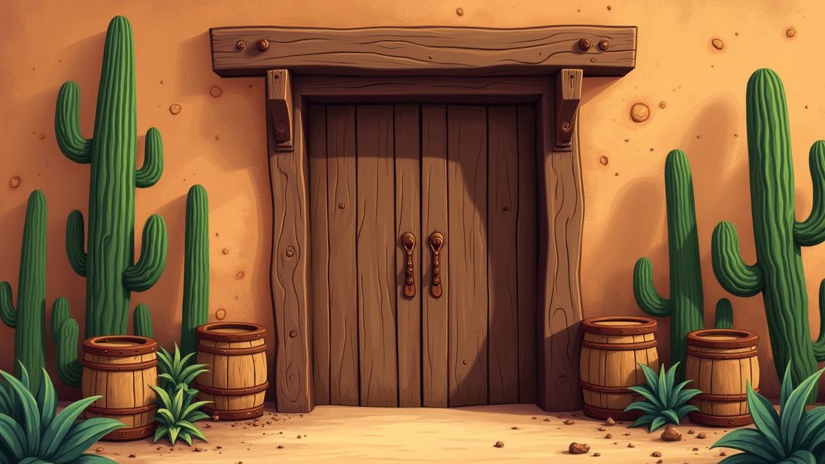 Puertas de un salón del Viejo Oeste con cactus y barriles.