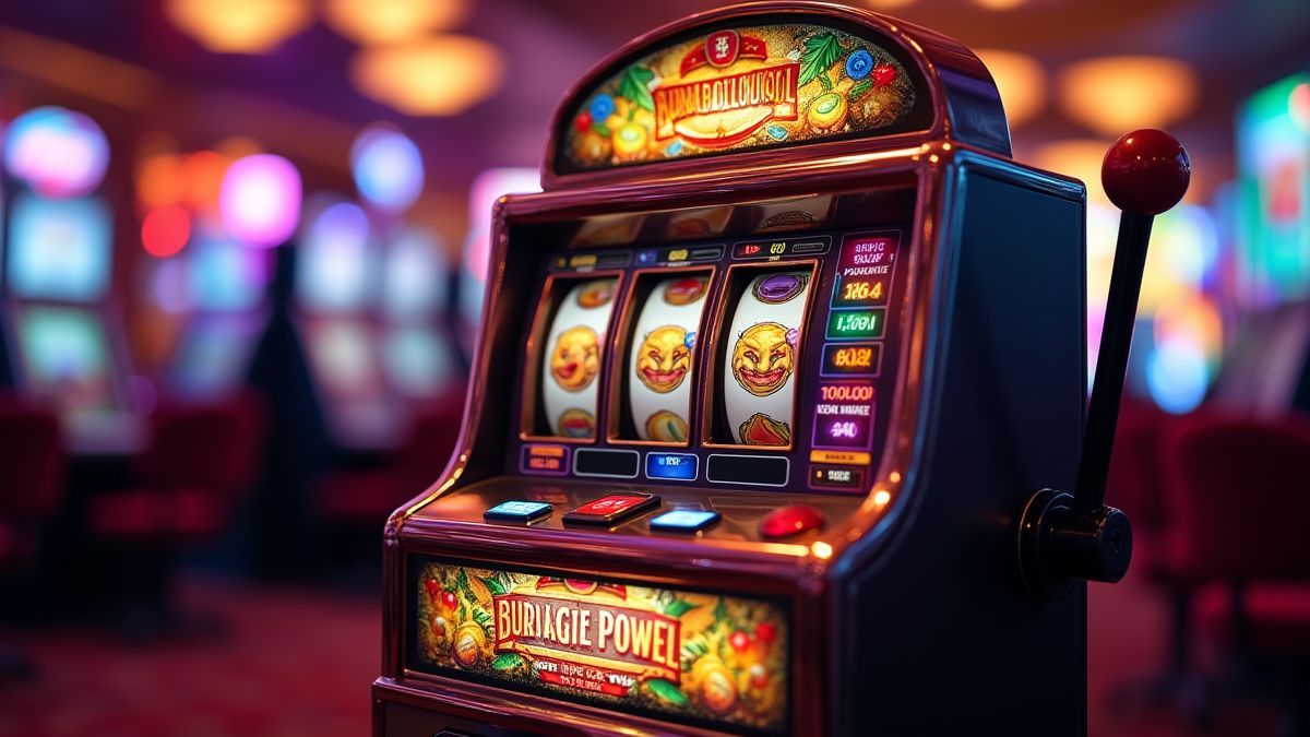 Máquina tragaperras tradicional com símbolos de frutas e chapéus de joker.