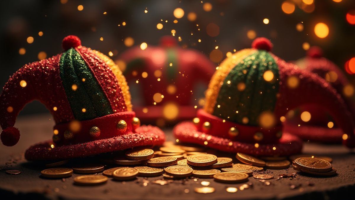 Chapéus de joker brilhando e moedas em um cenário festivo.