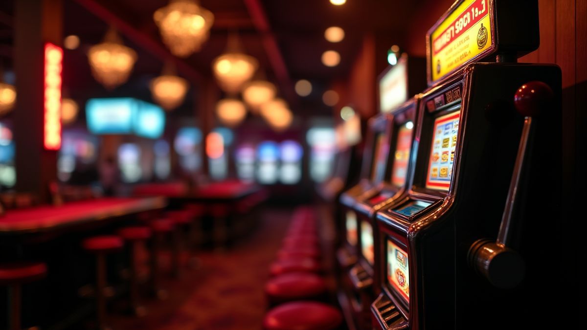 Cantinho de cassino aconchegante com uma máquina tragaperras tradicional sob luzes suaves.