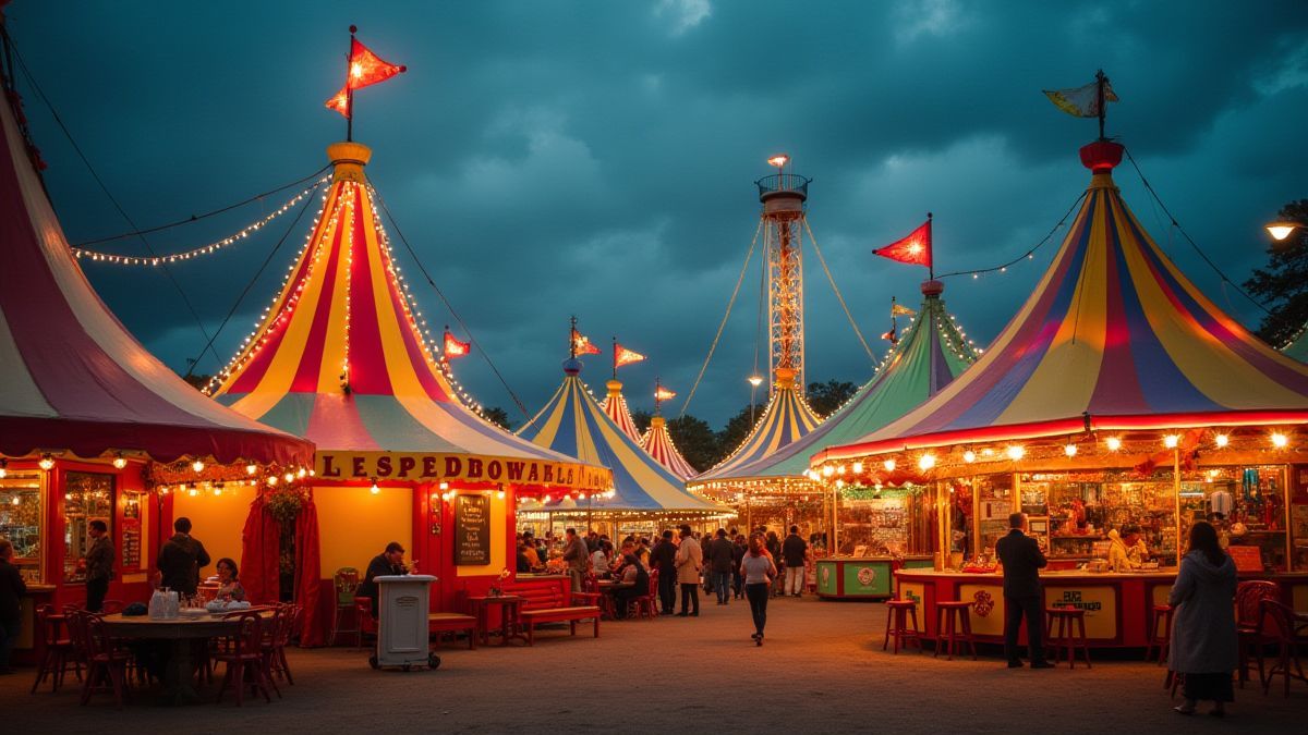 Een oude kermis met kleurrijke tenten en heldere lichten.