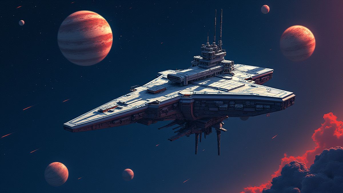 Estación espacial futurista rodeada de estrellas y planetas.