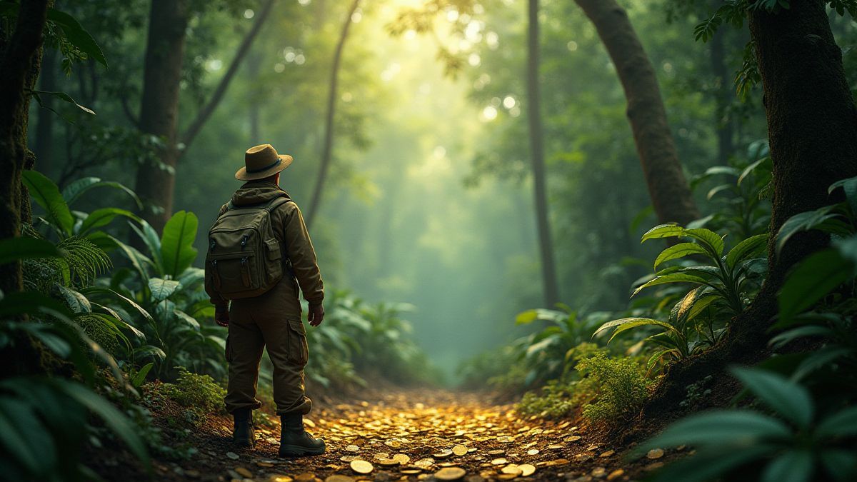 Explorateurs dans la jungle amazonienne à la recherche de pièces d'or.
