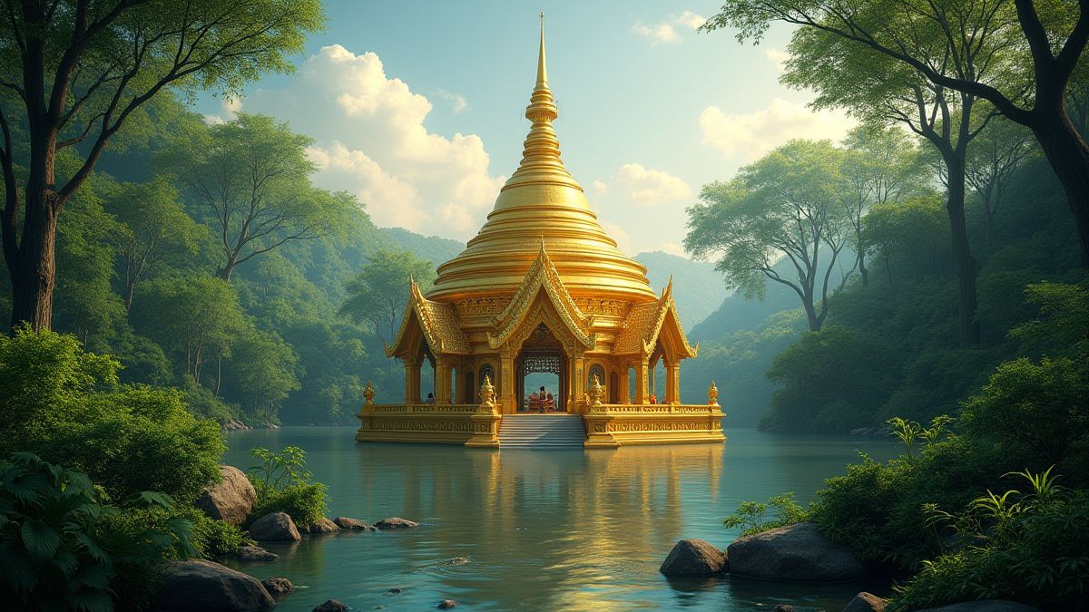 Un temple doré entouré de végétation dans la jungle.