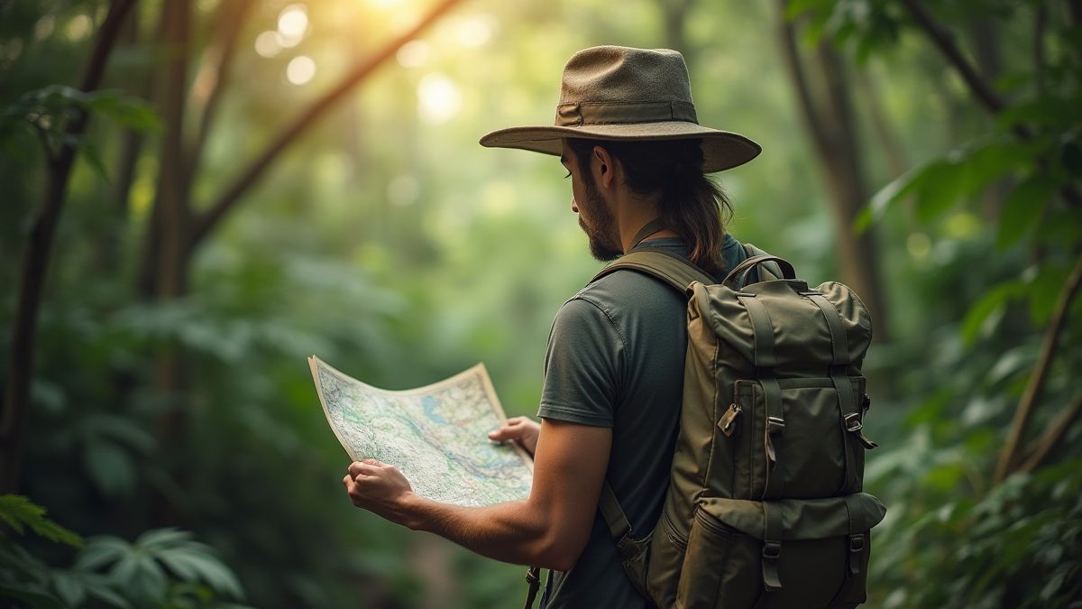 Un explorateur tenant une carte dans la jungle.
