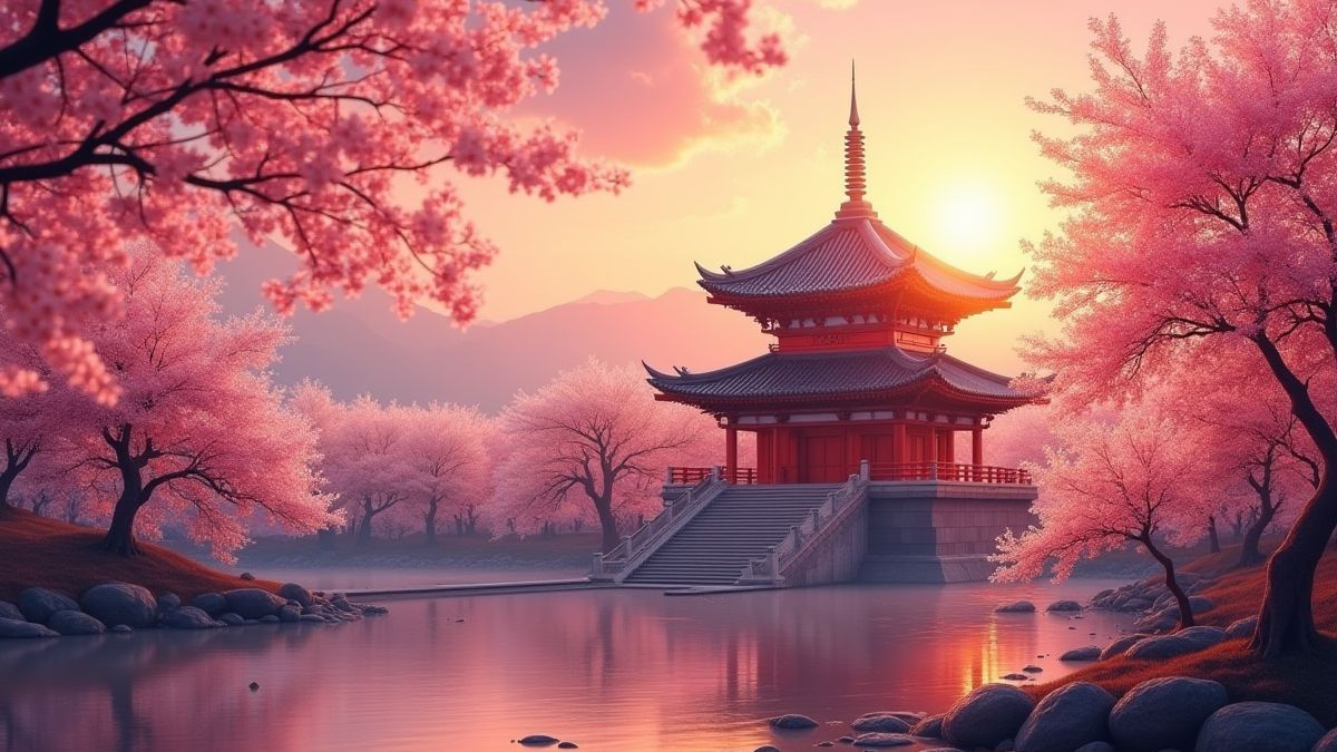 Templo chino rodeado de cerezos en flor al atardecer.