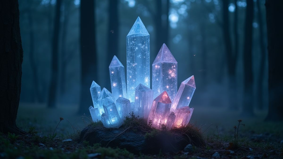 Leuchtende magische Kristalle umgeben von Nebel in einem Wald.