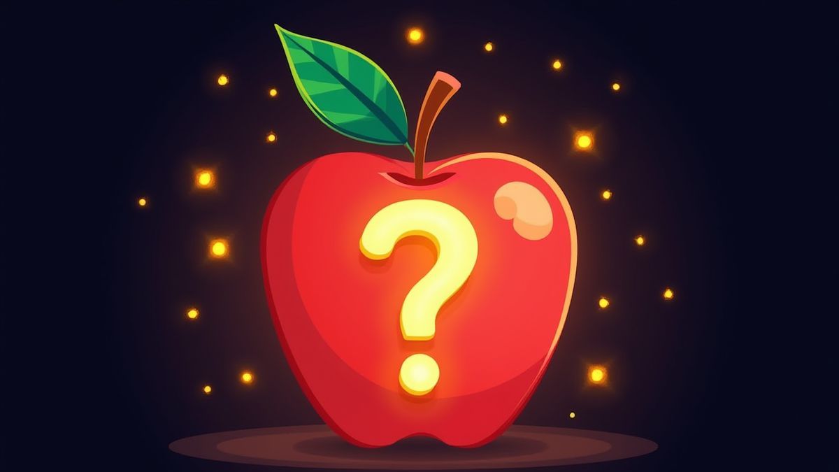 Leuchtender Apfel mit einem Fragezeichen und Funkeln, die die geheimnisvollen Symbole darstellen.