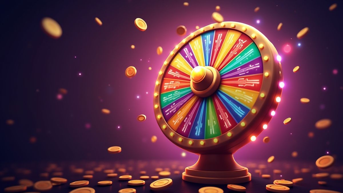 Drehendes Bonusrad umgeben von bunten Lichtern und herumfliegenden Münzen.