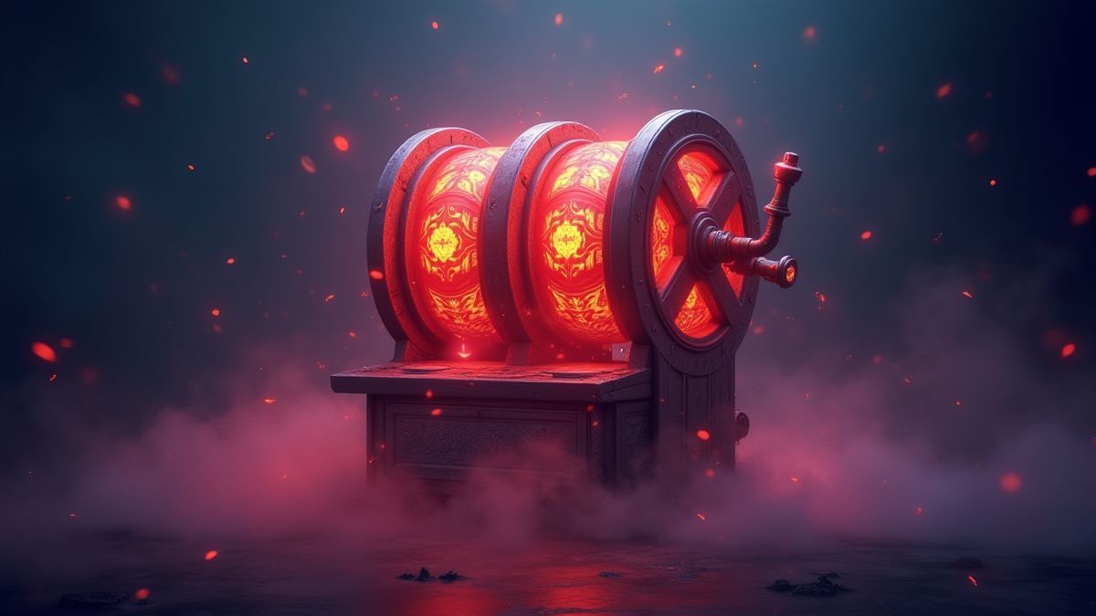 Máquina de carretes rodeada de niebla misteriosa y símbolos coloridos.