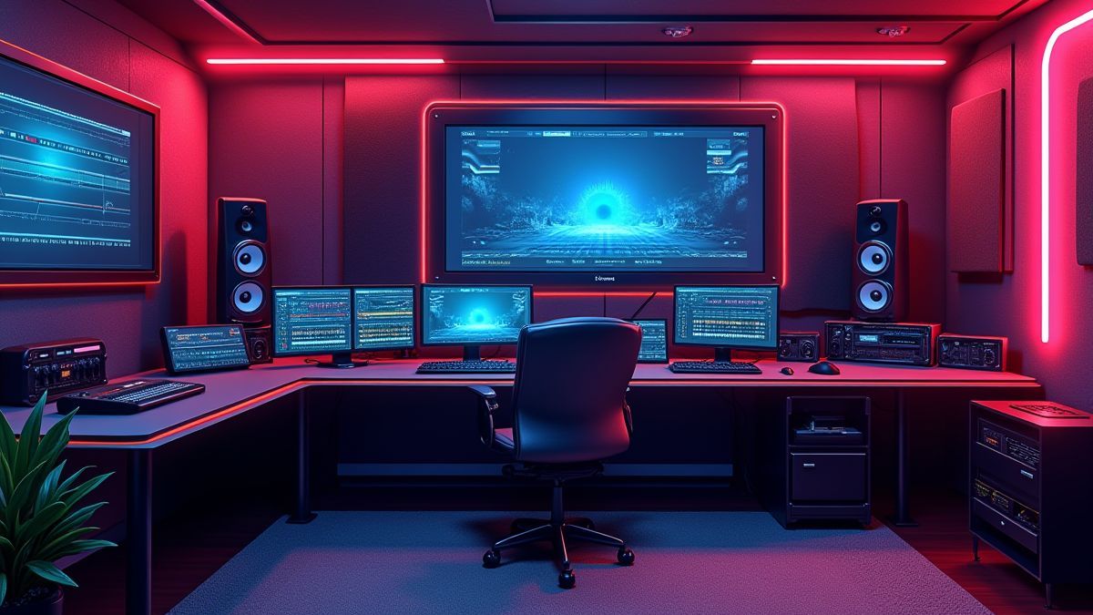 Un estudio de audio futurista con equipos modernos y decoraciones de neón.