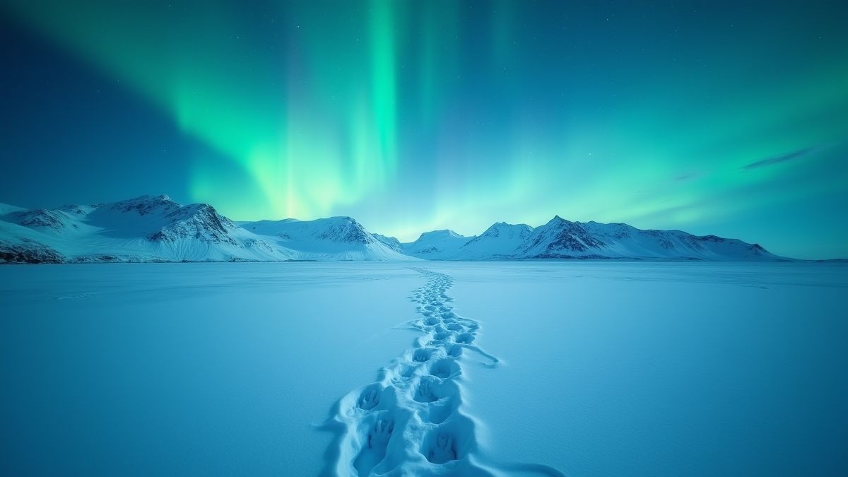 Besneeuwd arctisch landschap met auroras borealis en dierenvoeten.