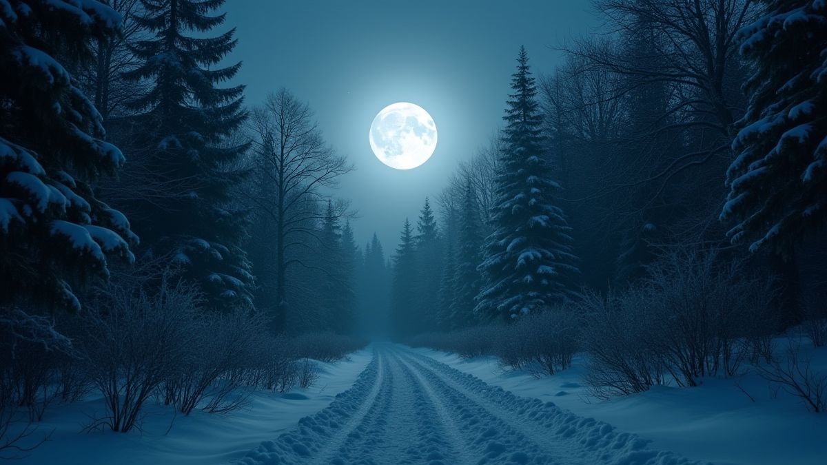Helder verlichte volle maan in een besneeuwd bos vol mysterie.