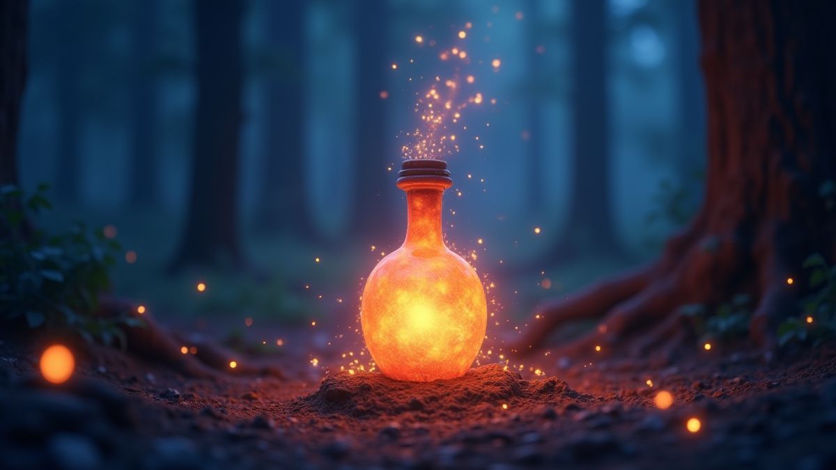 A glowing potion bottle in a magical forest setting.