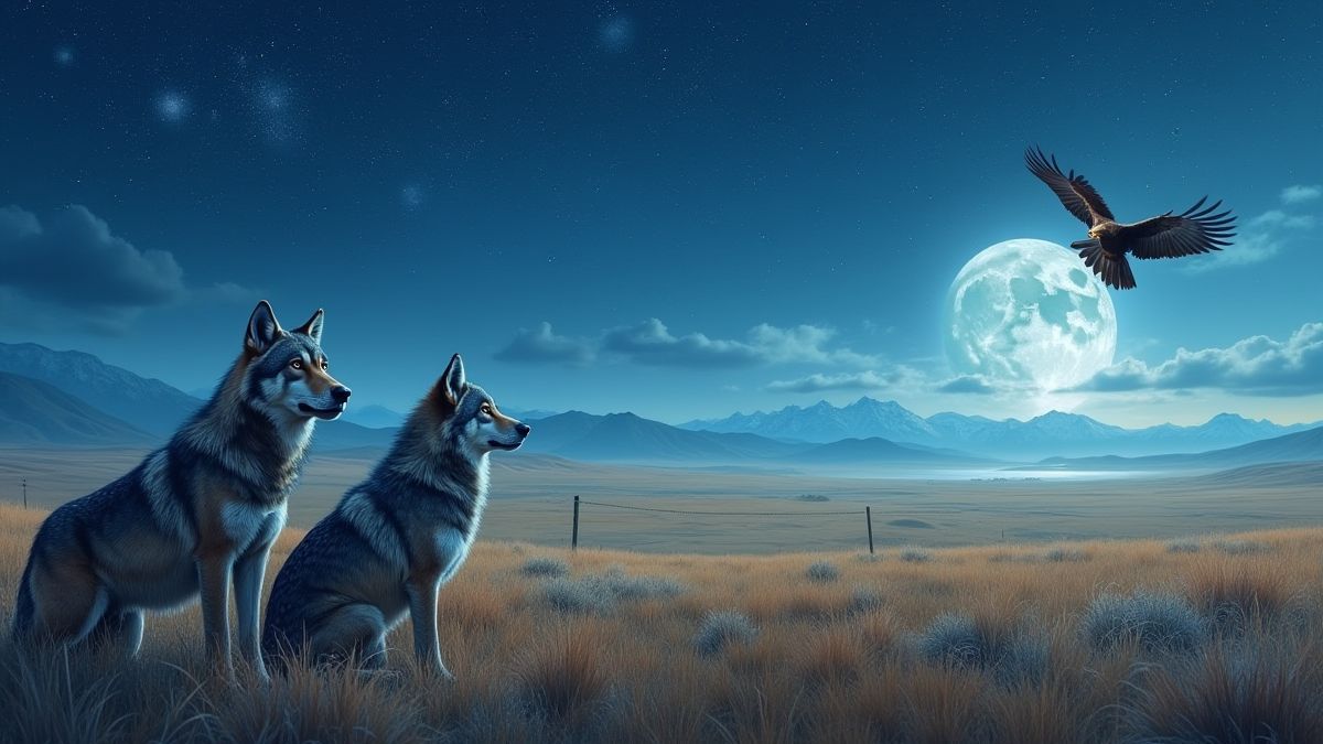 Een prairie landschap met wolven en adelaars onder een sterrenhemel.