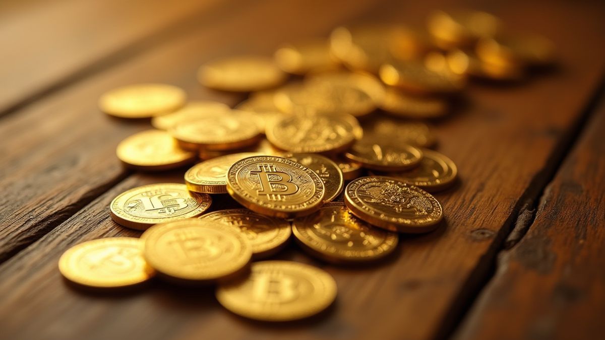 Gouden munten die over een houten tafel vallen.