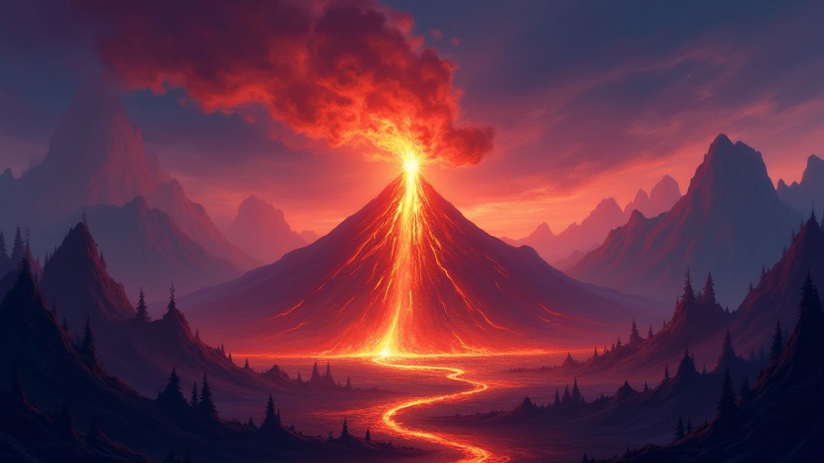 A glowing volcano erupting in a magical landscape.