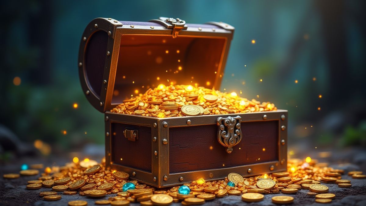 A treasure chest overflowing with gold coins and jewels in a mystical setting.