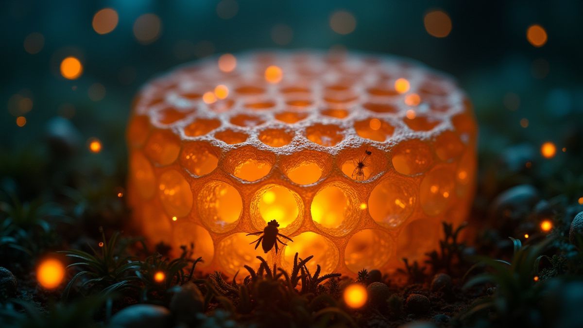 Un panal hexagonal brillante rodeado de luciérnagas en un bosque mágico.