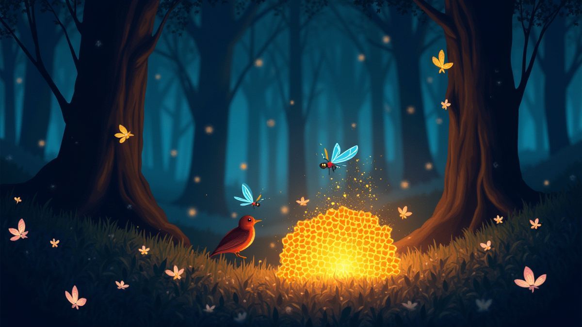 Luciérnagas coloridas brillando en un bosque oscuro alrededor de un panal mágico.