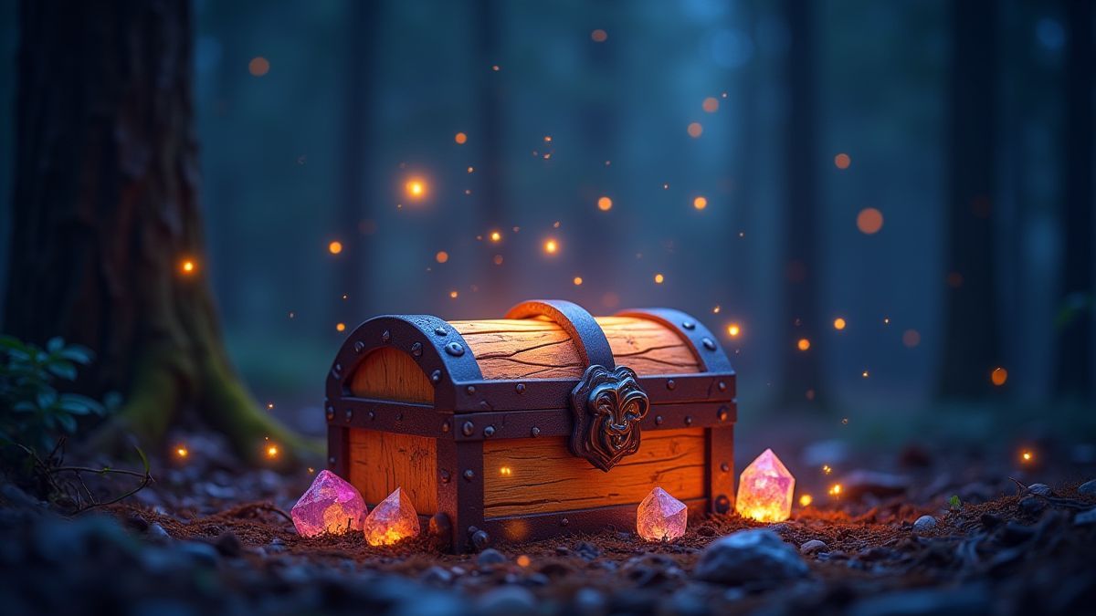 Un cofre del tesoro brillante rodeado de luciérnagas y cristales en un bosque mágico.