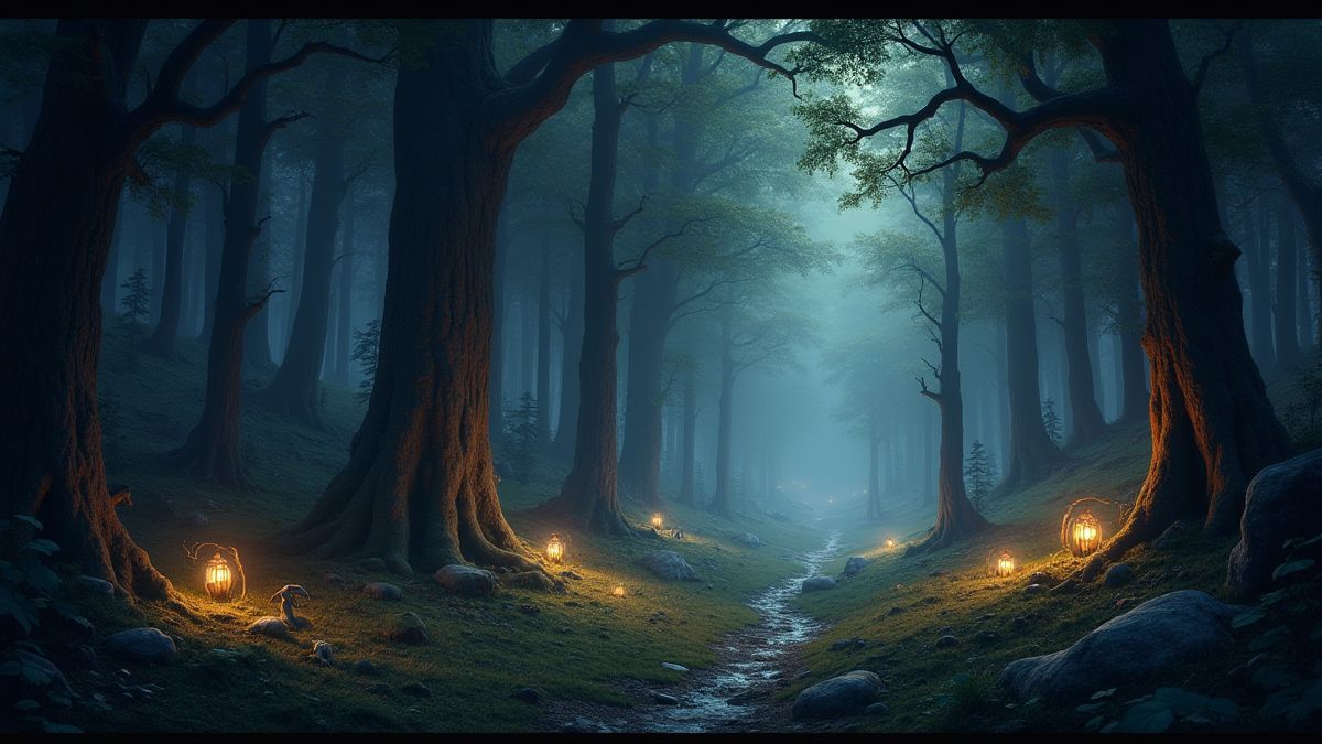 Bosque encantado com luzes brilhantes e criaturas míticas.