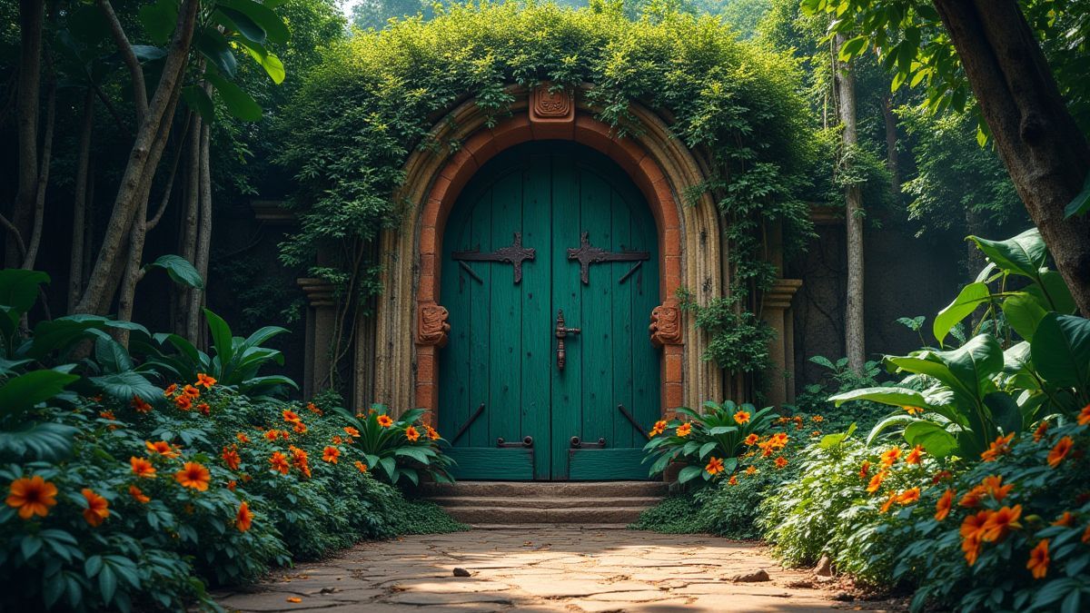Entrada de un templo en la jungla rodeado de flores y lianas.
