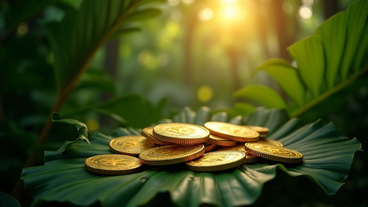 Monedas sobre hojas de la jungla iluminadas por rayos de sol.