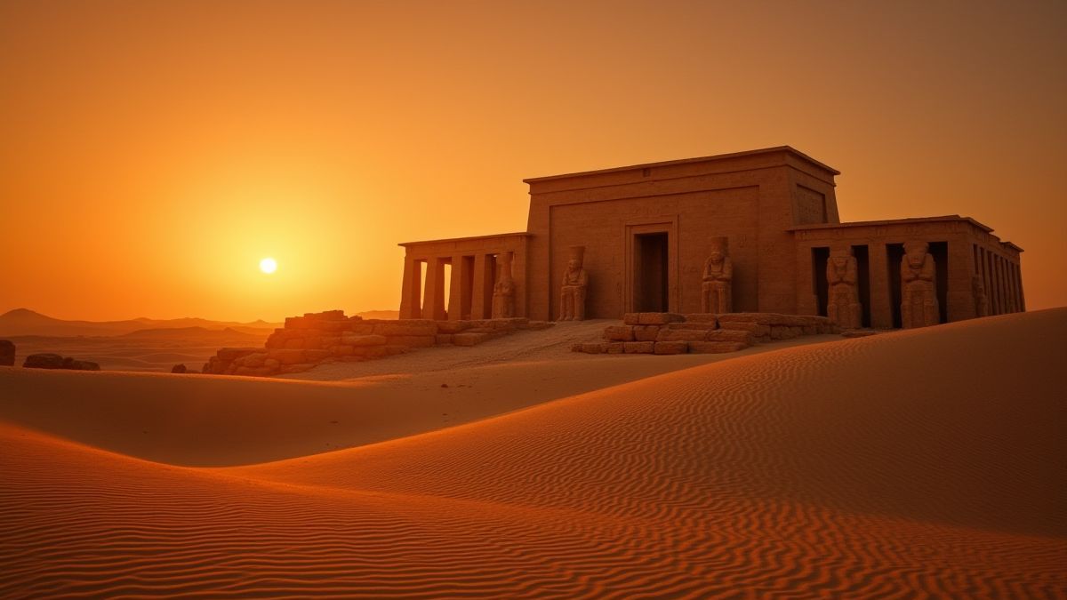 An ancient Egyptian temple surrounded by glowing hieroglyphs and golden sands at sunset.