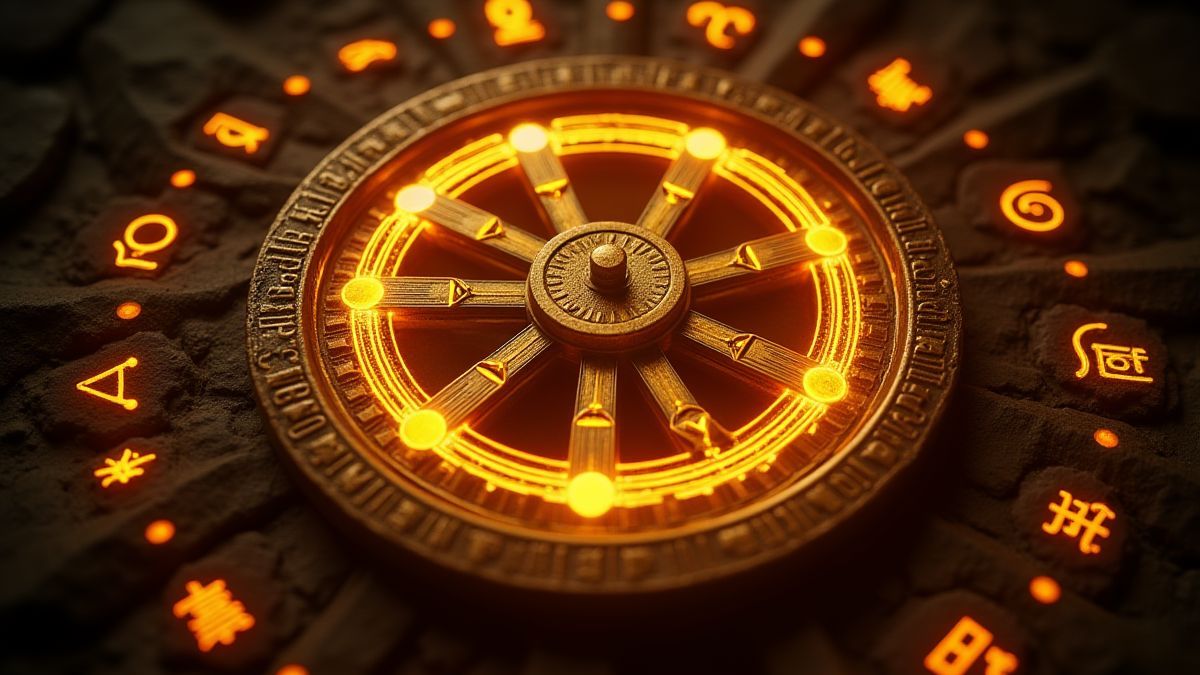 A mystical golden wheel surrounded by illuminated Egyptian symbols.